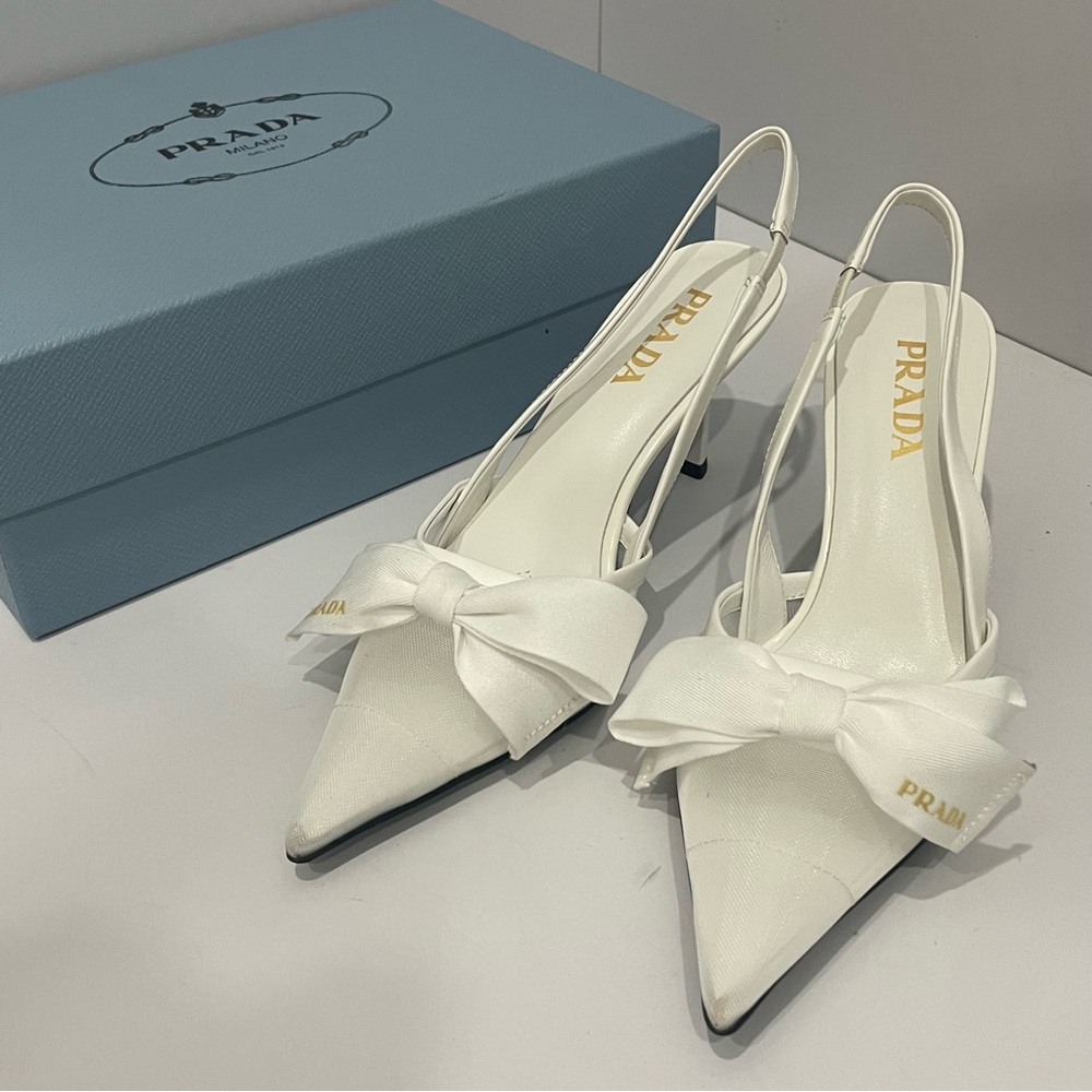 Prada White High-Heeled Shoes With Bows